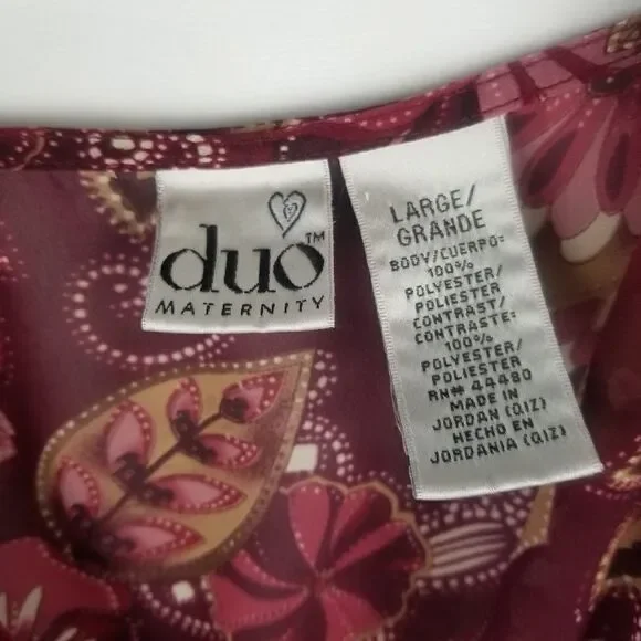 DUO MATERNITY SIZE L. 100% POLYESTER. BEAUTIFUL BURGANDY FLORAL W/SATIN LIKE HEM - Picture 2 of 15